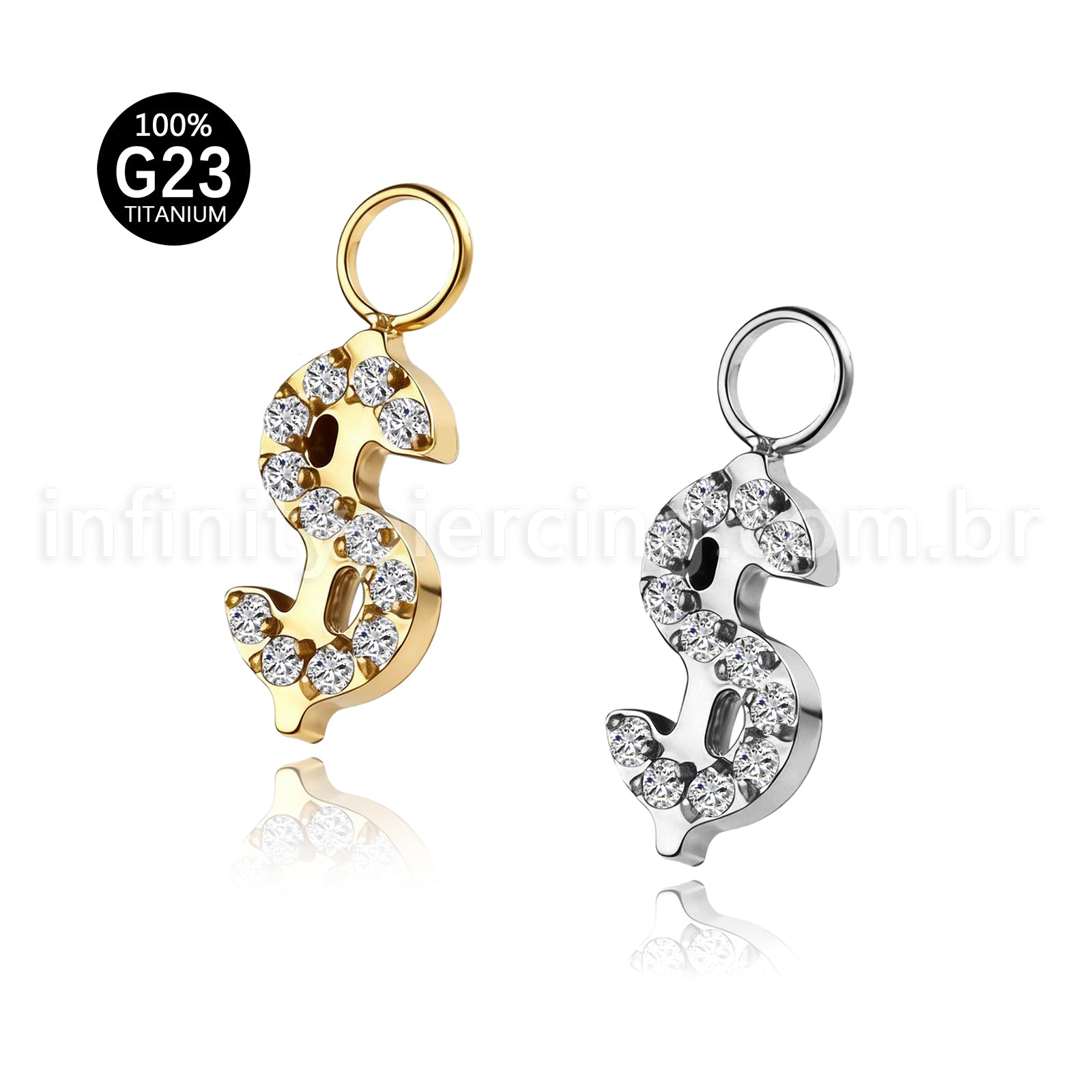 Pingente Para Piercing Titânio Cifrão Zircônia Cravejada